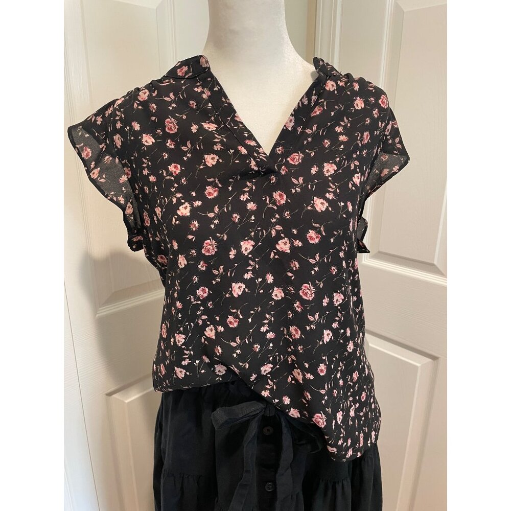 Womens Sheer Floral Flutter Sleeve Top Size M Y2K Fairy Grunge Romantic Dainty